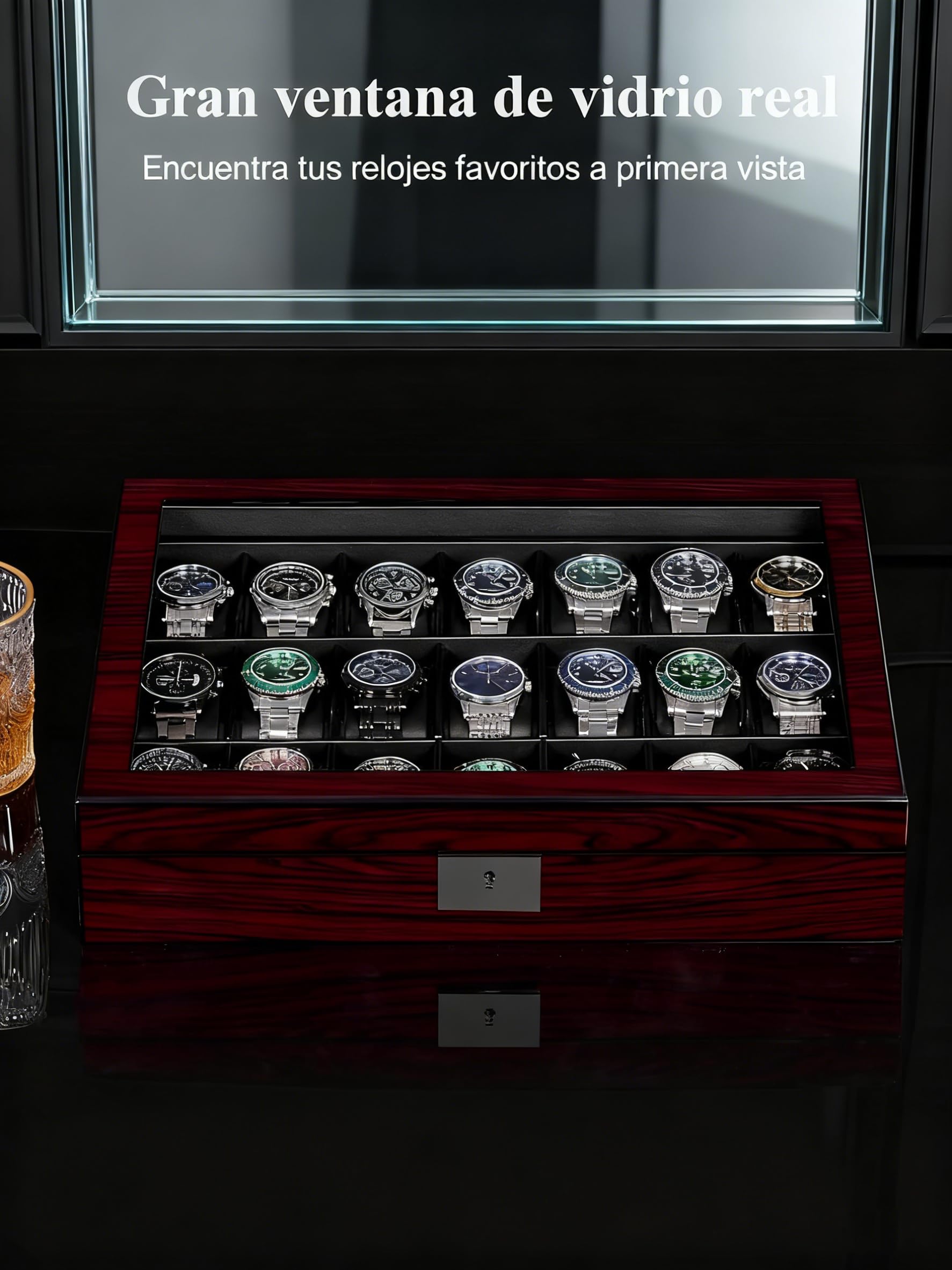ANWBROAD Caja de relojes con 21 compartimentos, caja de joyería para hombre, con gran tapa de vidrio, vitrina de relojes, organizador de relojes con cierre, lujoso soporte de relojes para regalo