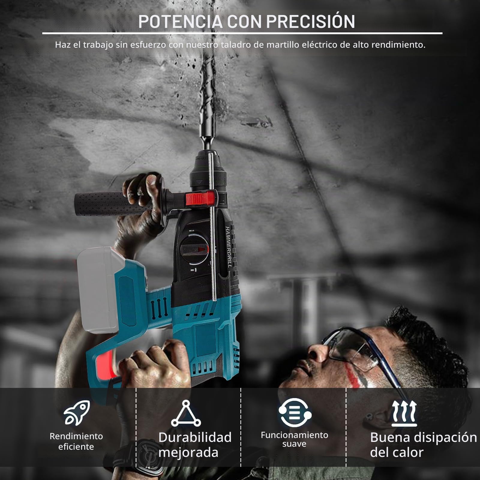 Martillo perforador a batería Compatible con Makita 18 V baterías | con 10 Brocas, 7J Energía de Impacto, Embrague de Seguridad& Control de Vibración (sin batería y cargador)