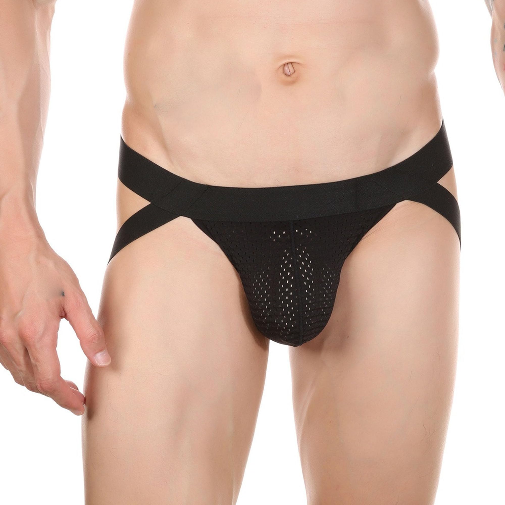 JEKE-DG Men's Jockstrap Breathable Underwear Athletic Strap Supporters Low Rise Briefs Stretch Bulge Pouch Underpants (X-Large,Black -3Pc)