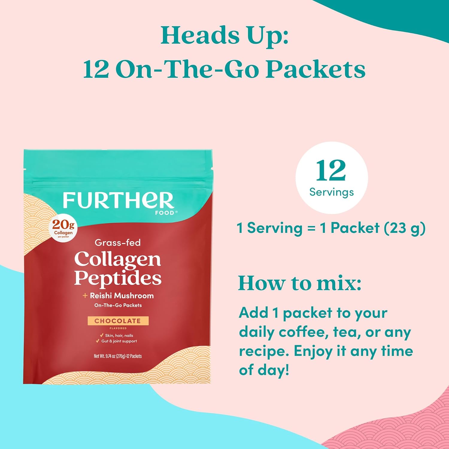 Further Food Chocolate Collagen Peptides Powder with Reishi Mushroom - 100% Grass-Fed, Hydrolyzed Type 1 & 3, 20g of Collagen per Serving, Supports Skin, Hair, Nails & Joints, Stick Packs, 9.74 Oz