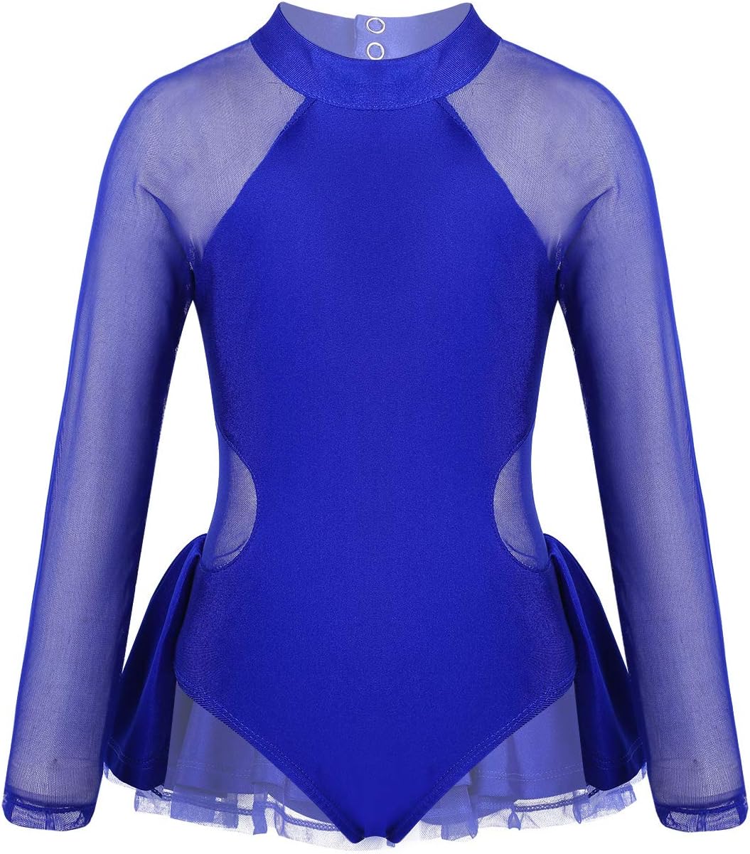 FEESHOW Little Big Girls Sparkle Mesh Splice Figure Ice Skating Dress Gymnastic Sports Dance Leotard Tutu Skirt