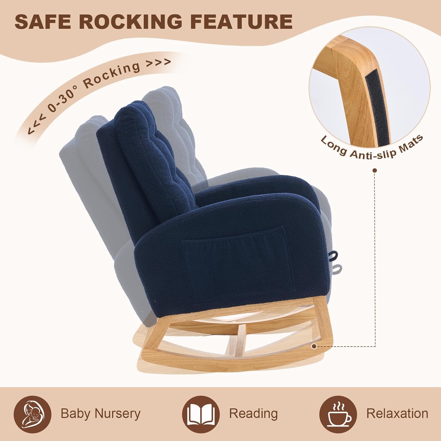 Rocking Chair with Foot Rest for Nursery Room, Teddy Upholstered Rocker Glider Chair with Side Pocket,Solid Wood Legs, High Backrest (Navy Blue)