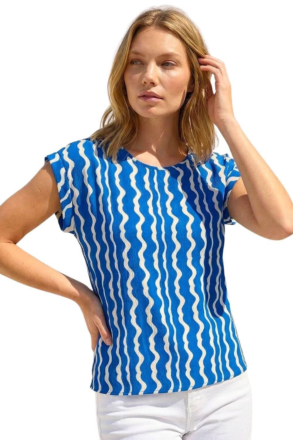 Roman Women's Blue Abstract Wave Print Shell Top Size 12