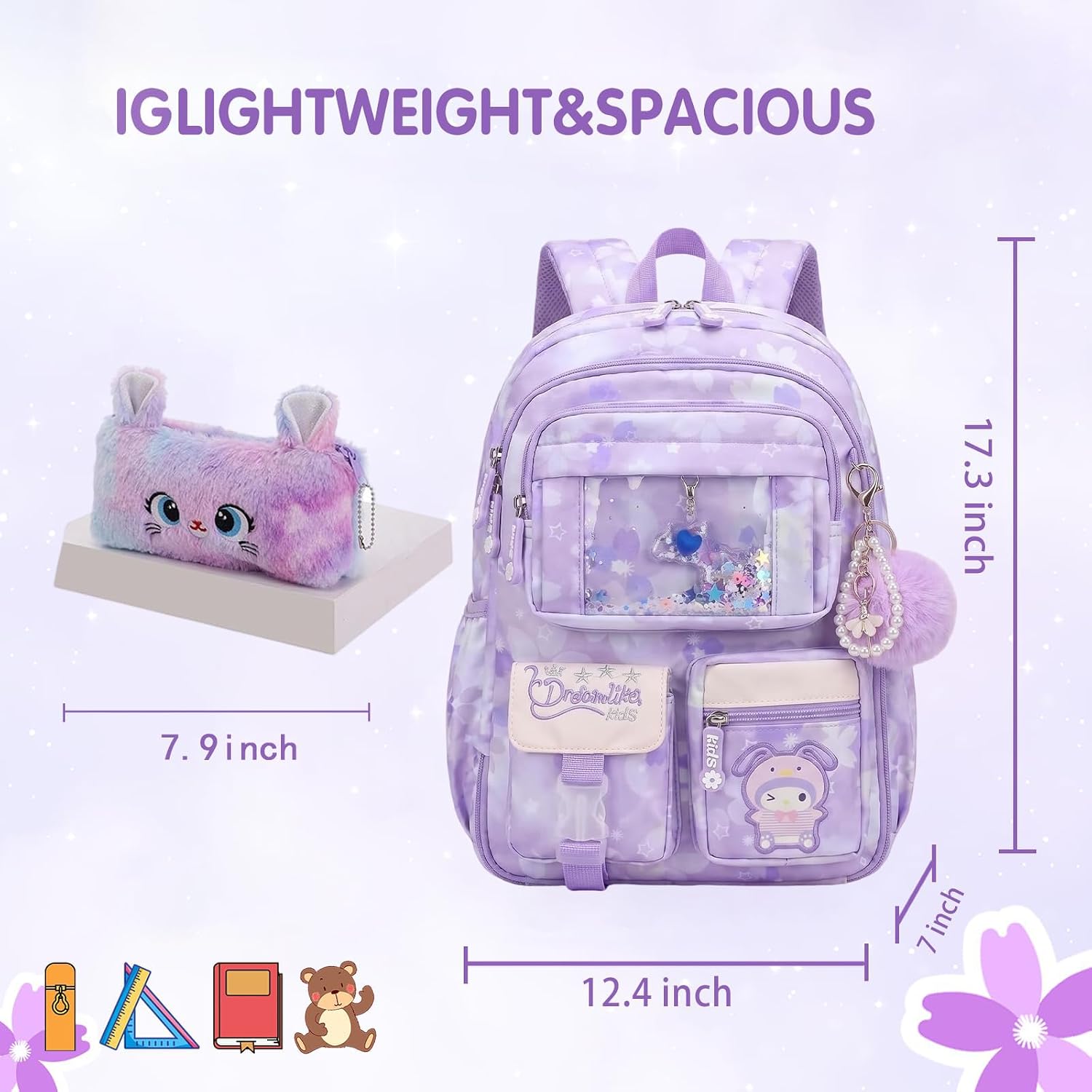 Lovely Kawaii Kids School Backpack For Girls – Splash-Proof Book Bag for Kids & Students, Multi-Pocket Children's School Bag, 17 Inch Purple Backpack