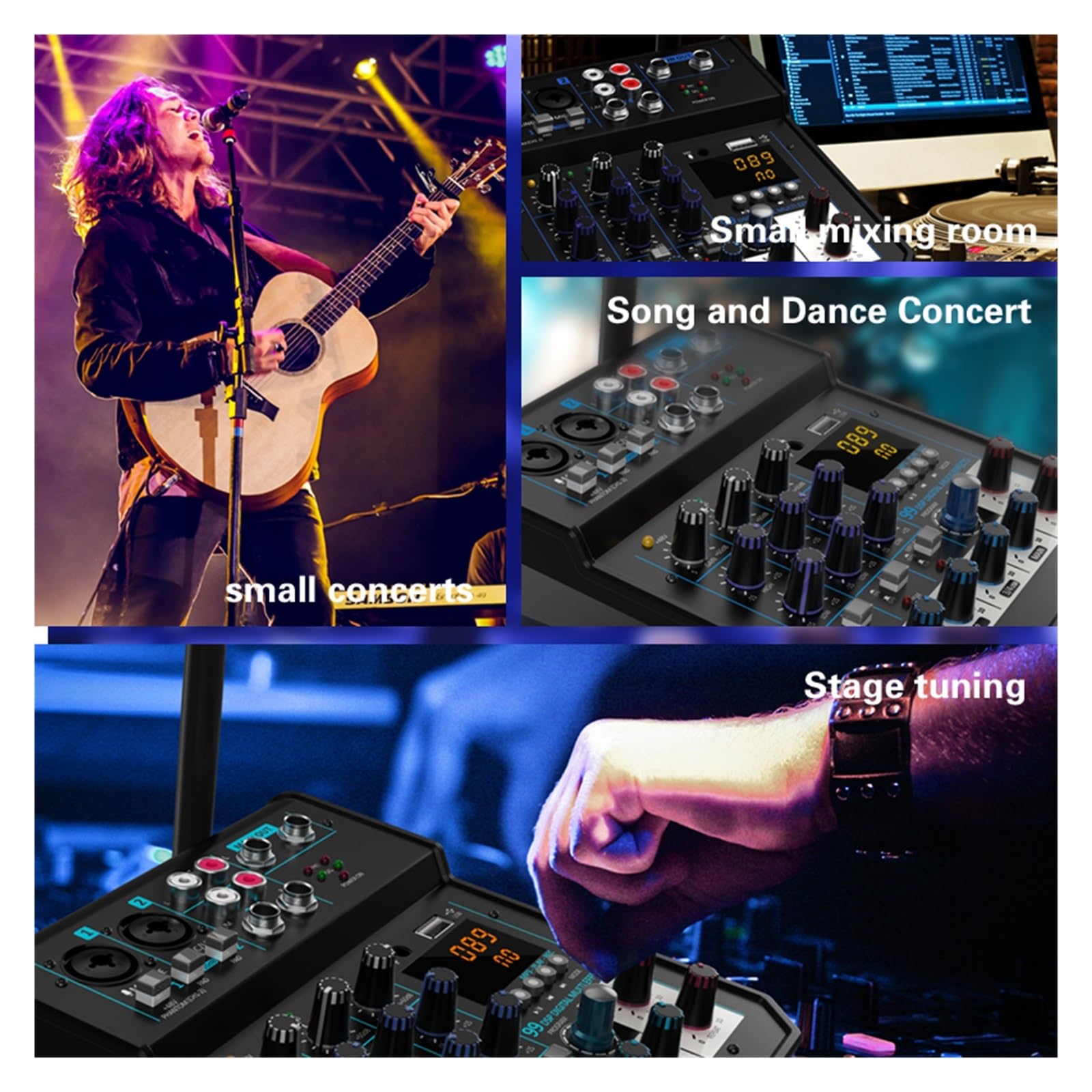 Mikser dźwięku, 4-kanałowa konsola miksera DJ z mikserem Bluetooth UHF bezprzewodowy mikrofon do domowego studia scenicznego(Black MIC)