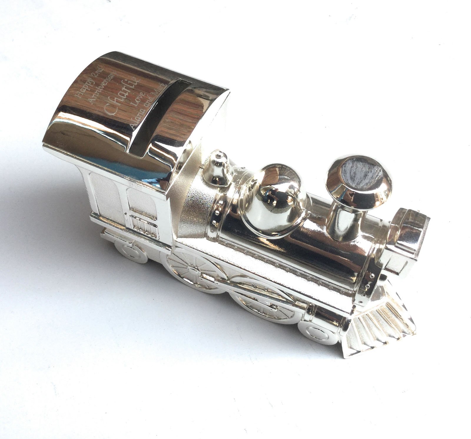Personalised Silver Plated Money Box - Train - Engraved with Any Message