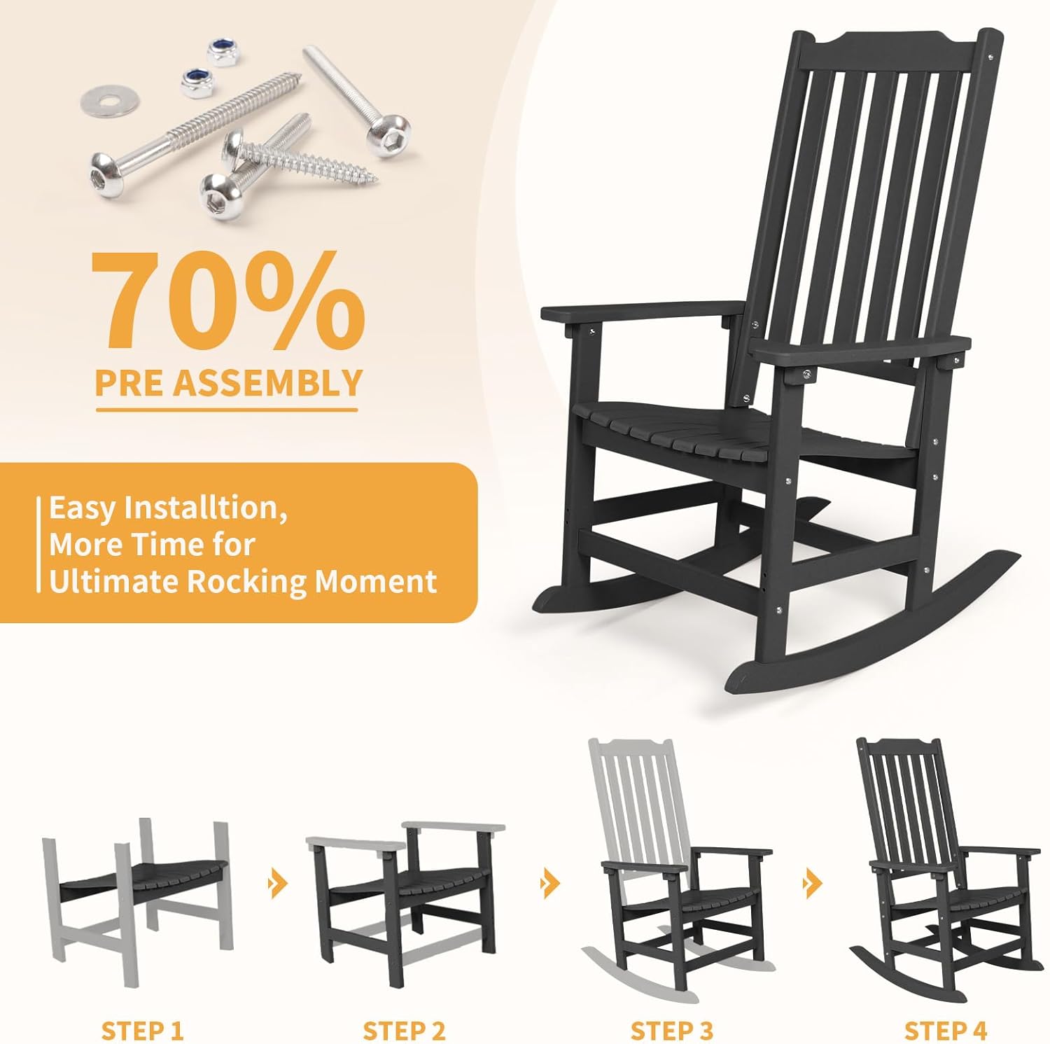 Outdoor Rocking Chair, Oversized All Weather High Back Porch Rocker, Patio Rockers for Outside