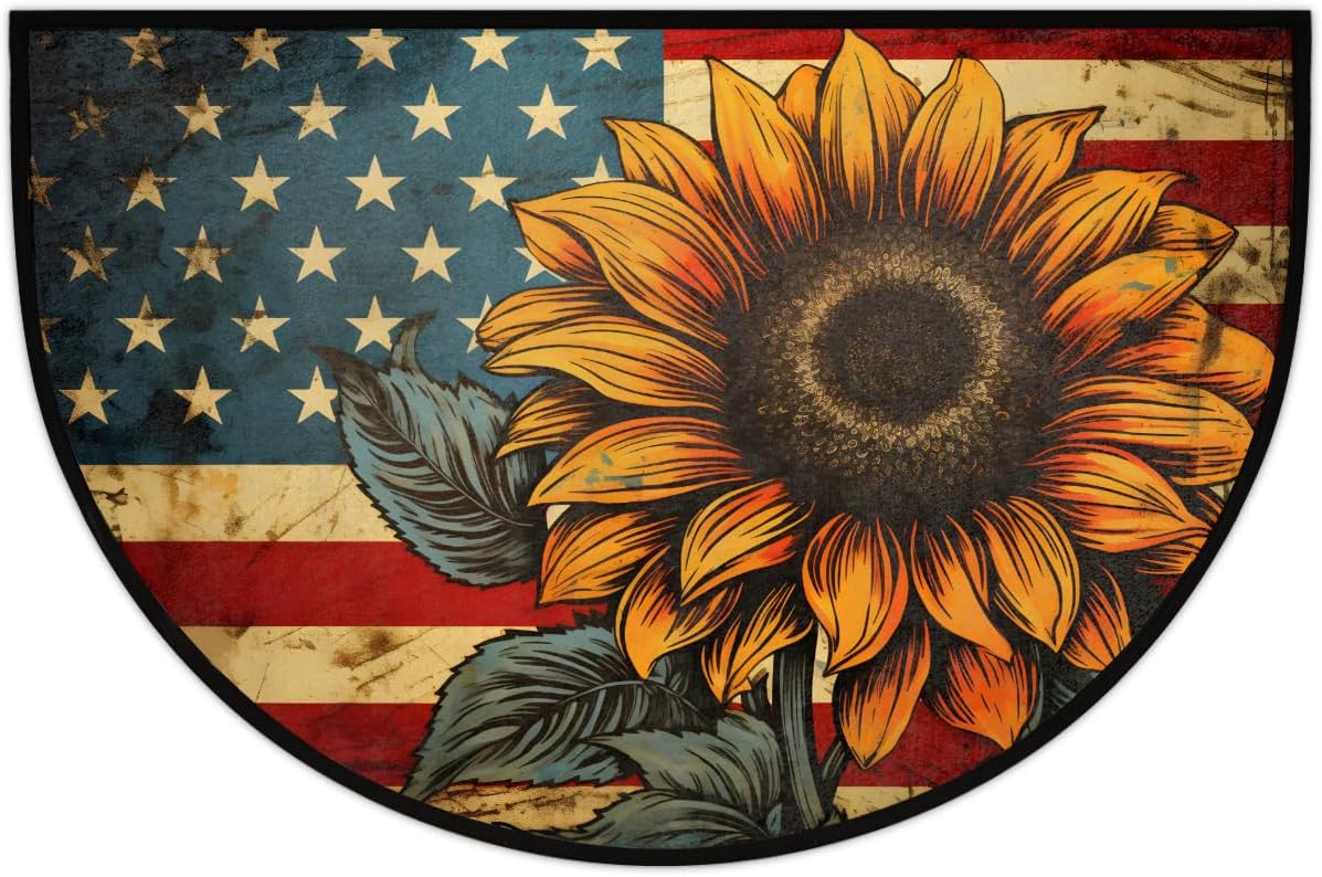 Half Round Door Mat Independence Day Retro Sunflower Half Moon Rug Washable Half Circle Area Rugs Indoor Entrance Non Slip Semi Circle Bathroom Rugs Floor Carpet for Kithen Bedroom Fireplace Decor