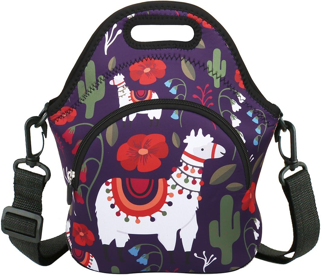 Llama Neoprene Insulated Lunch Bag with Zipper Pocket Reusable Waterproof Tote Foldable Washable Handbag for Women Men Students Work Picnic Travel