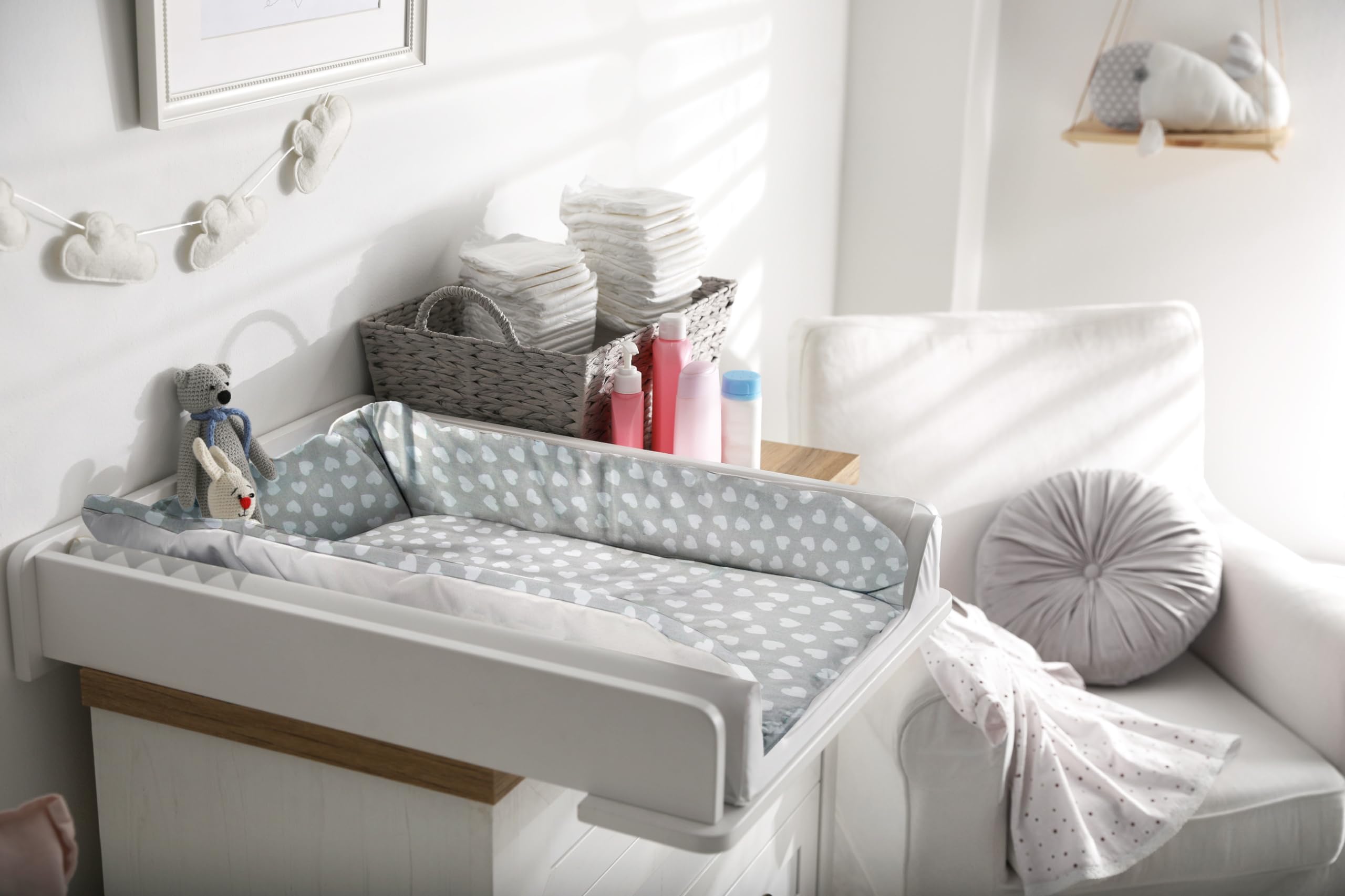 Balbina Matelas à langer, en coton, doux, lavable, 60 x 70 cm, motif cœurs, beige