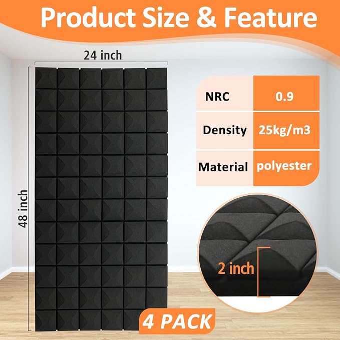 Paneles Acústicos 4 Pack 48"x24"x2" Paneles de Espuma para Aislamiento Sonoro, Alta Densidad y Resistencia al Fuego, Paneles para Estudio y Oficina (4 Pack Negro, 48X24X2 Pulgadas) miniatura 3