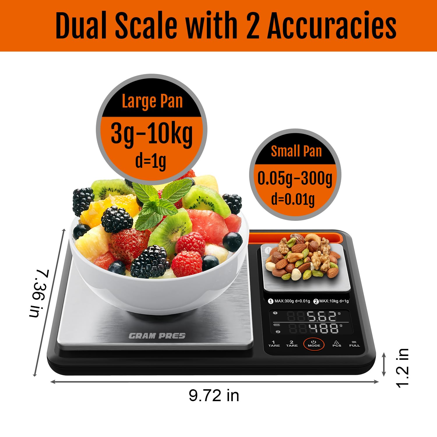 GRAM PRES Báscula digital de cocina y alimentos de doble plataforma, 0,01 g/300 g y 1 g/10 kg