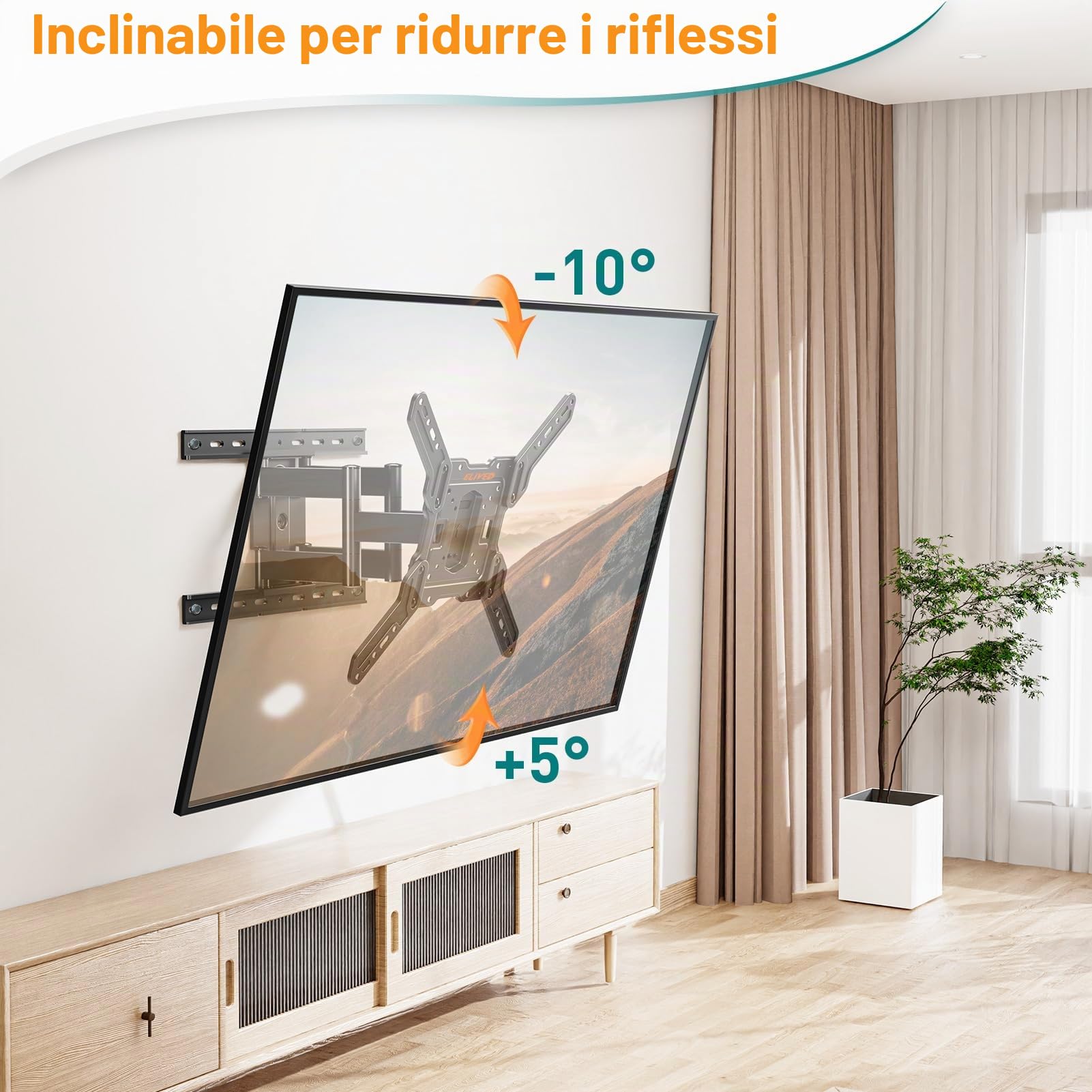 ELIVED Supporto da parete ultra sottile per TV da 26 – 60 pollici, supporto da parete a basso profilo, orientabile e inclinato, Max VESA 400 x 400 mm, supporta fino a 40 kg. Max 16" supporto in legno