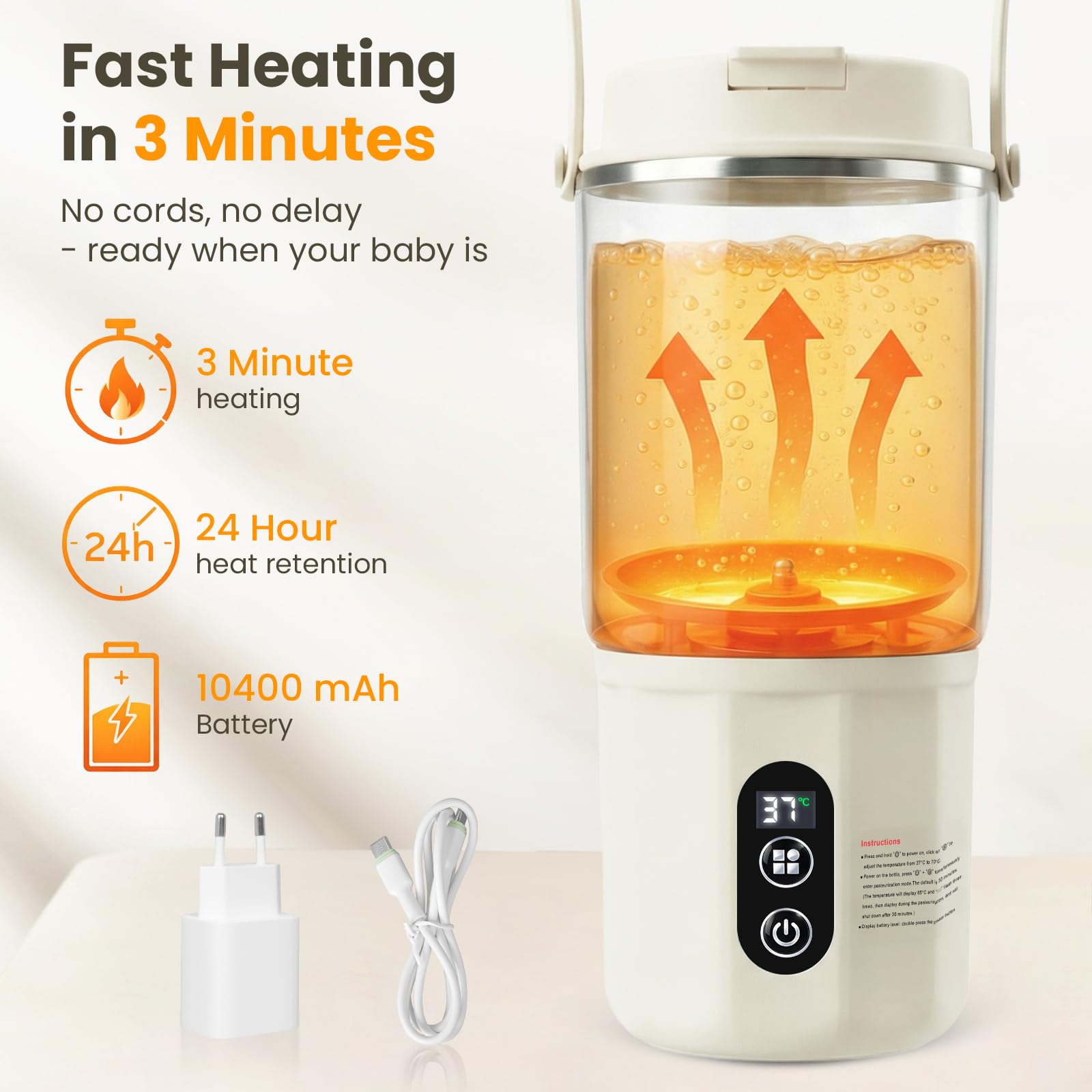 Tragbarer Flaschenwärmer - 2-in-1 Babyflaschenwärmer Schnelles Aufheizen Muttermilch und Wasser, Pasteurisierung, 24 Stunden konstante Temperatur für den Ganzen Tag (Beige) - 4