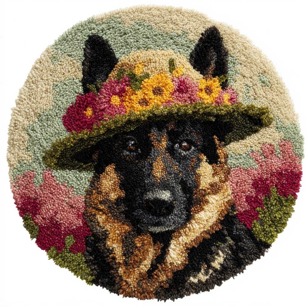 kitphoenix Creative Round Latch Hook Rug Kit German Shepherd 50 X 50Cm Handmade Latch Hook Kits for Adults for Christmas Carpet Beginners Adults