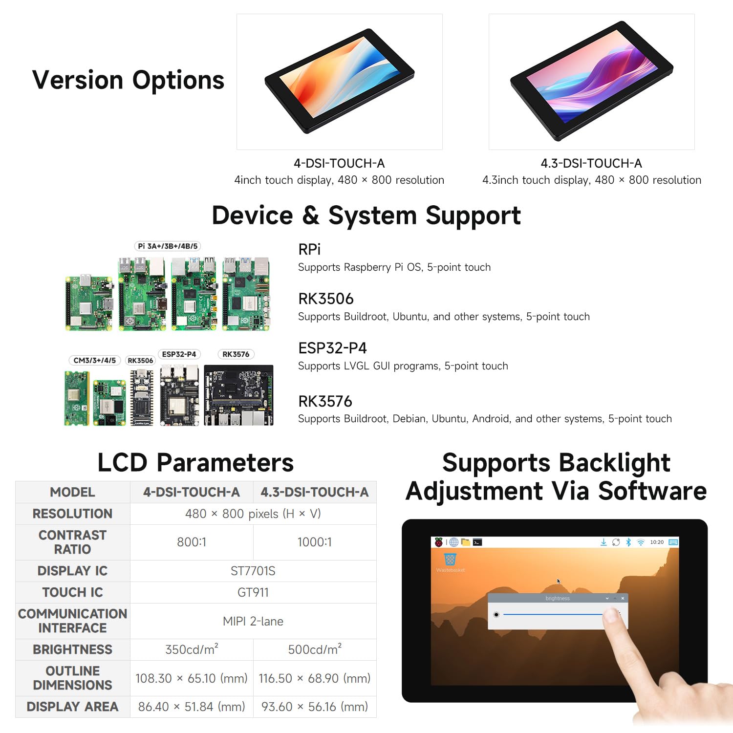 Waveshare 4inch DSI Capacitive Touch Display, Compatible with RPi 3A+/3B+/4B/5， 480 × 800, IPS Display Panel, 5-Point Touch, Optical Bonding Toughened Glass Panel