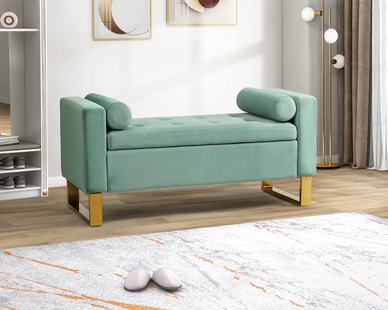 HULALA HOME Modern Storage Bench with Gold Base & Bolster Pillows, Upholstered Bedroom Ottoman Bench for End of Bed, Tufted Footstool for Entryway Living Room Dining Room, Sage
