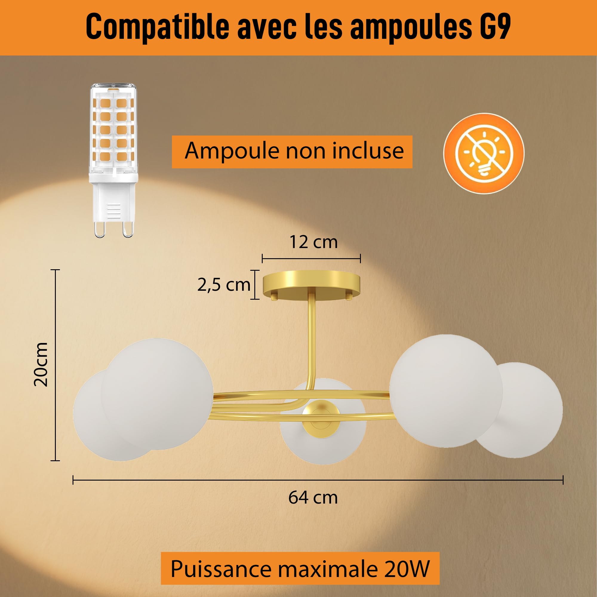 HOMCOM Plafonnier LED 20W 5 Culots G9 Lampe de Plafond Moderne Doré Blanc | Luminaire Plafonnier, à Montage Semi-Affleurant, pour Salon, Couloir, Salle à Manger, Cuisine, Ampoules Non Incluses