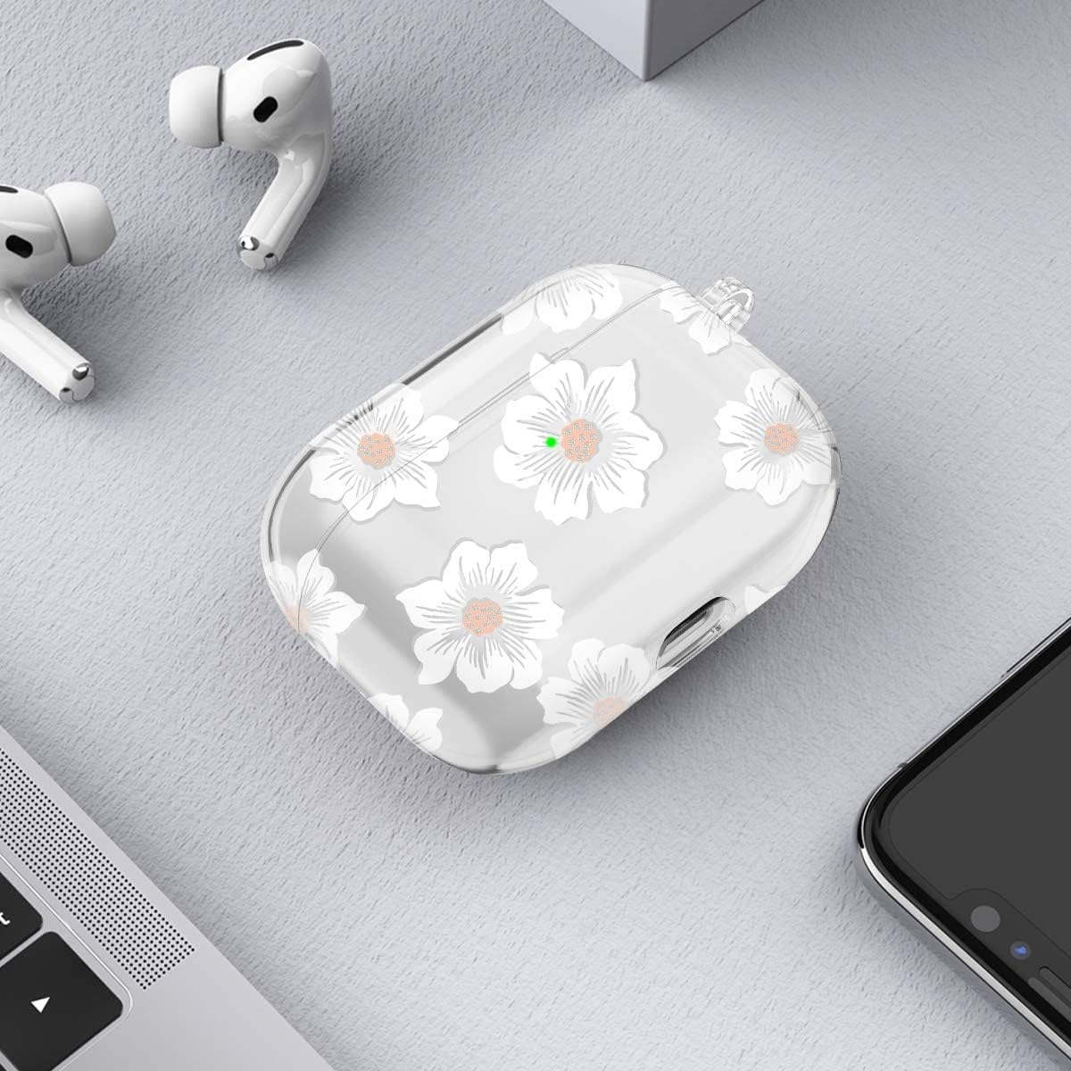 Maxjoy for AirPods Pro Case Cover, Clear Flower Pro Case for Women Men Cute Soft Protective Floral iPod Pro Case with Keychain Clip for AirPods Pro Charging Case 2019, Transparent