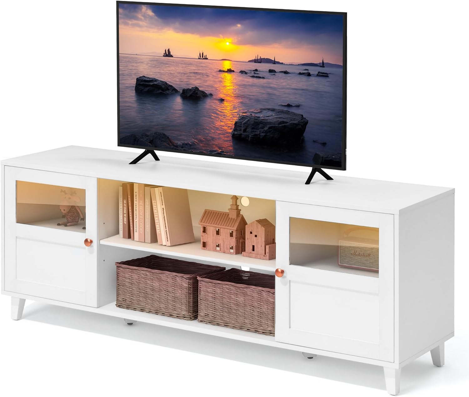 TV Stand for 65 inch TV with LED and Storage, White Morden TV Entertainment Center for Bedroom, TV Console with 2 Open Shelves and 2 Doors, Wood TV Cabinet with LED Lights for Living Room