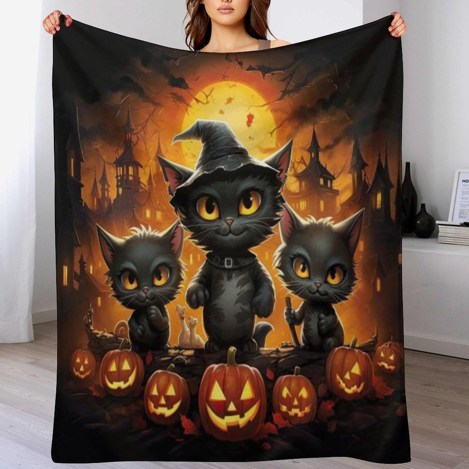 Couverture flanelle Halloween plaid citrouille chaud et doux toutes saisons 130x150