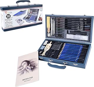 ToneGrip Conjunto de lápis de desenho com 60 peças, caixa de madeira profissional, grafite e haste de carvão, borrachas e apontadores para adultos, crianças, artistas, adolescentes, atividades artísticas