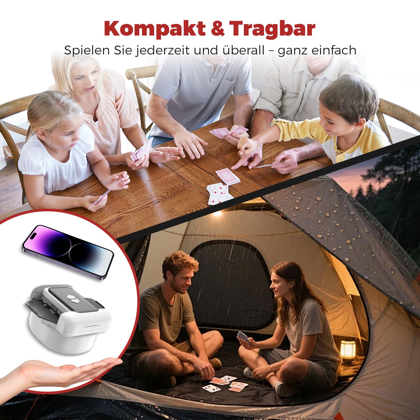 Automatischer Kartenmischer, 2 Laufmodi, Aufladbar mit Langzeit-Batterie, Geräuschlos, für UNO, Poker, Black Jack Karten, Schwarz (Schwarz & Weiß)