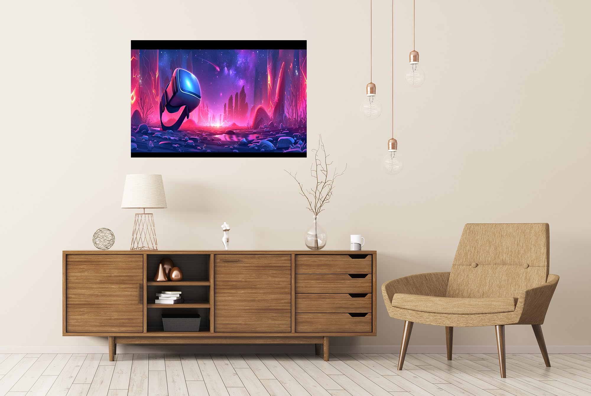 islandburner Prime XXL - Póster con iluminación de neón con auriculares para realidad virtual, diseño de tecnología generada, sala de juegos, centro de juegos de realidad virtual, imágenes de alta