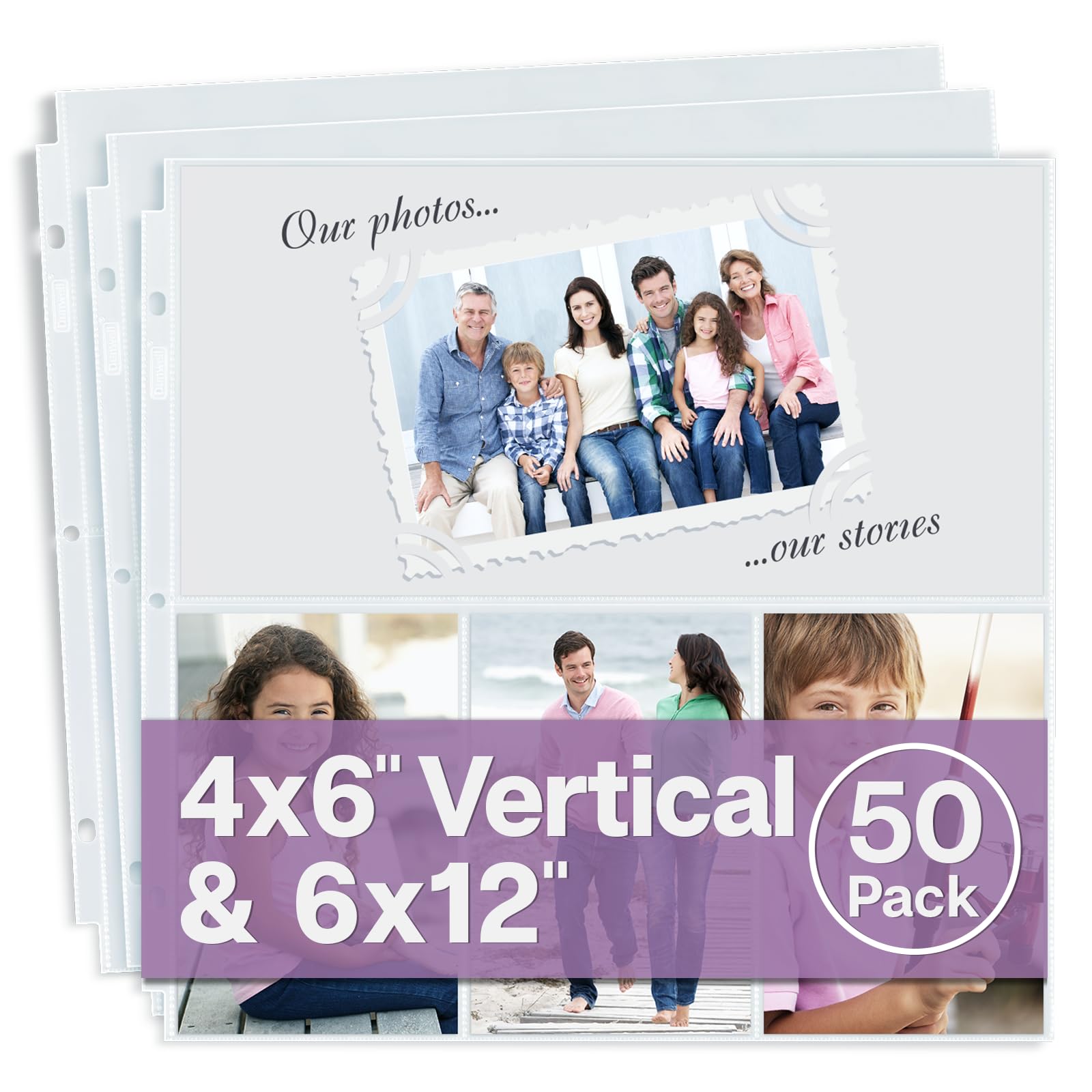 Dunwell 12x12 Scrapbook Page Protectors, 50 Pack, Fits 3-Ring Scrapbook Album Binder, Combo Layout Holds 300 4x6 Vertical Photos Plus 6x12 Top Pocket, Acid-Free Poly 12x12 Scrapbook Page Protectors