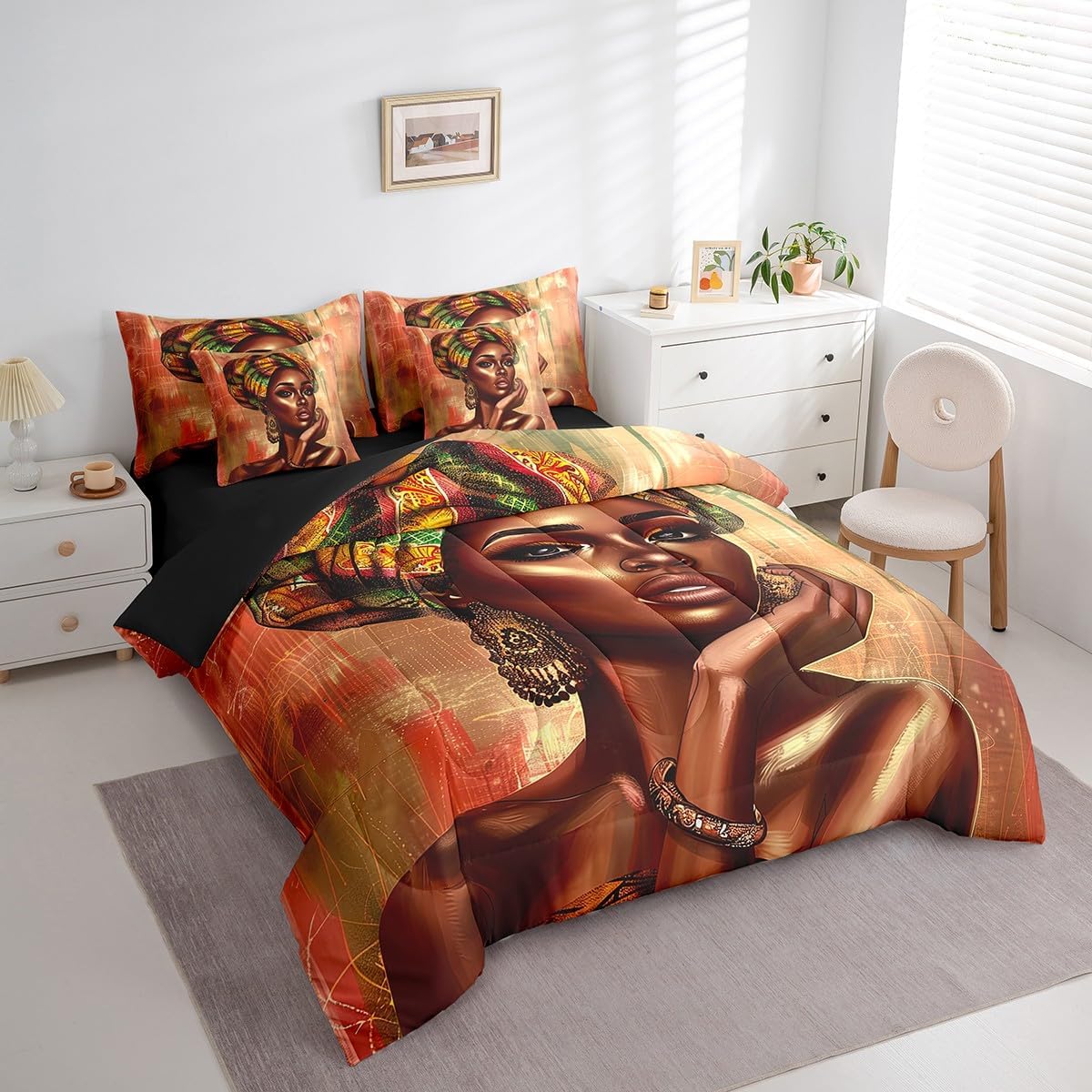 Erosebridal 7 Piece African American Black Girl Bed in a Bag Queen,African Women Sheet Set for Kids Teens Girls Room Decor Bedding Set with Comforter, Cool Afro Woman Cushion Covers