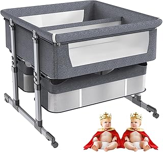 Twins Bassinet Bedside Sleeper - baby bed twinswith Storage Basket - 6 Height Adjustable Sleeper Cot - Crib For Newborn Boys & Girls - Easy Folding & Space Saving Design (Gray)