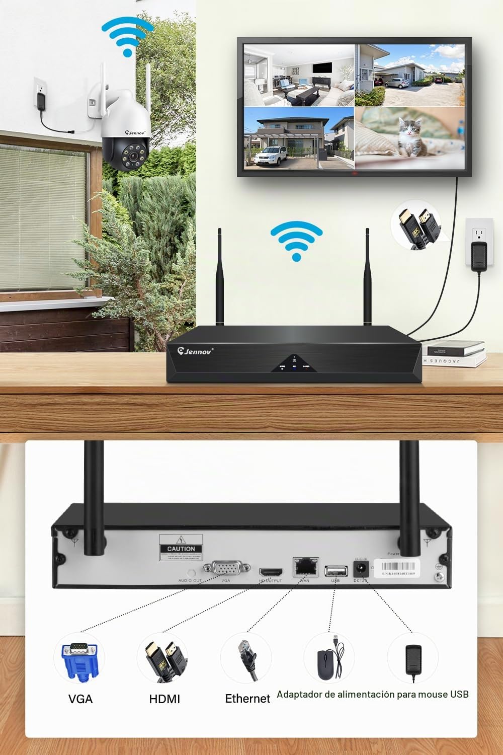 【5MP+360°PTZ】 Jennov Kit Cámaras de Vigilancia, 10CH 5MP NVR y 4X 5MP Cámara PTZ WiFi con Visión Nocturna en Color, Audio Bidireccional, Grabación 24/7, Detección de Personas, Seguimiento Automático