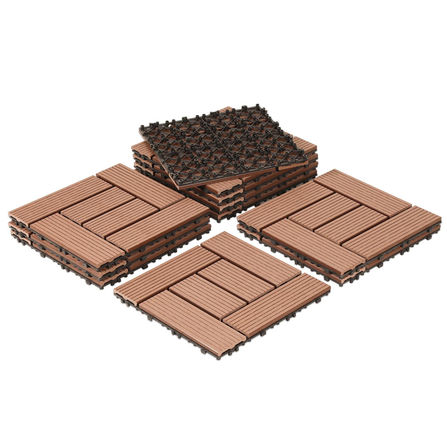 Płytki tarasowe WPC 30 x 30 cm w kolorze brązowym, 33 sztuki = 3 m², płytki podłogowe na balkon, płytki ogrodowe z systemem zatrzaskowym, deski tarasowe jako płytki balkonowe, płytki na klik.