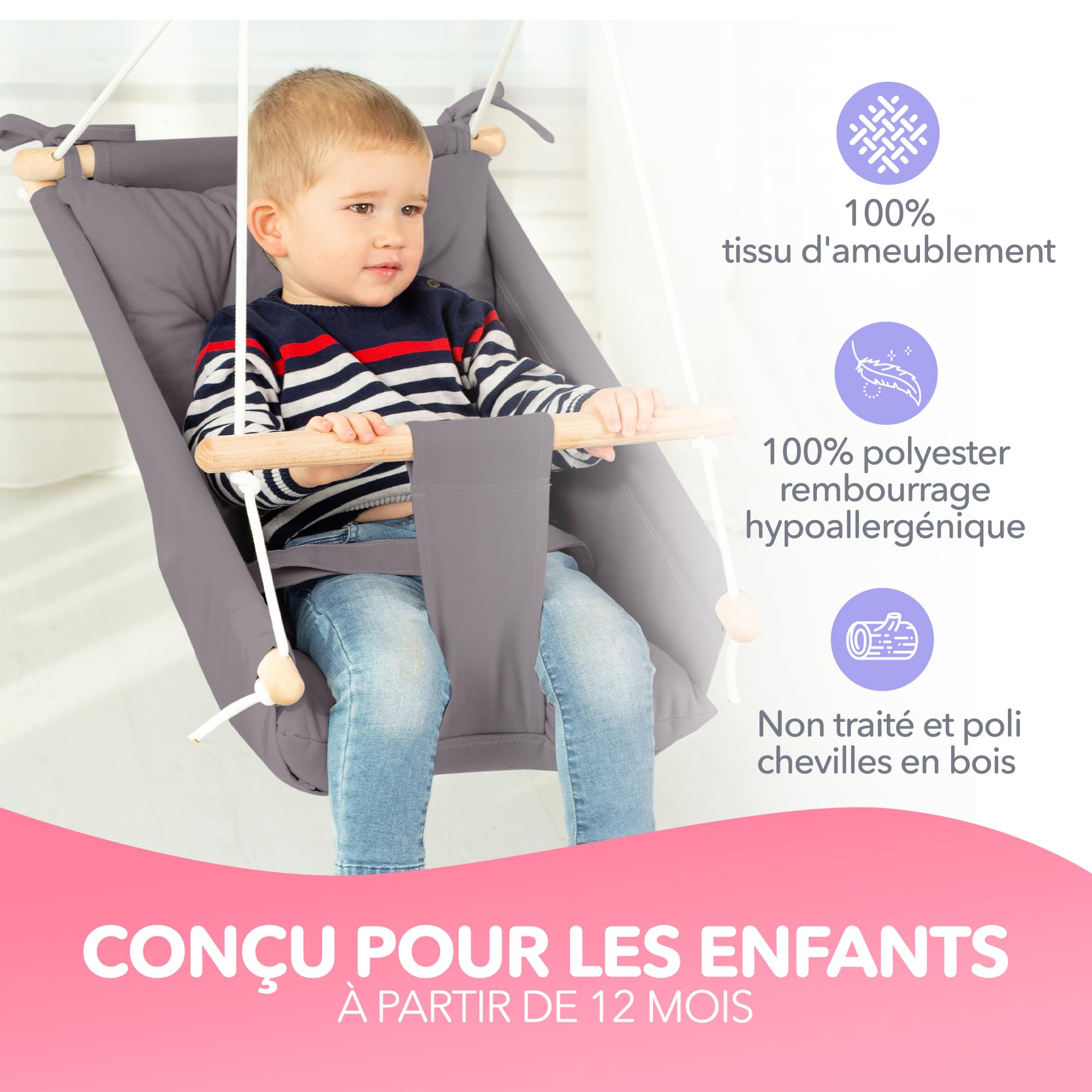 Balançoire pour bébé en Toile par Cateam - Gris - Siège de balançoire Suspendu en Bois pour bébé avec Ceinture de sécurité et matériel de Montage. Cadeau d'anniversaire de Chaise bébé hamac.
