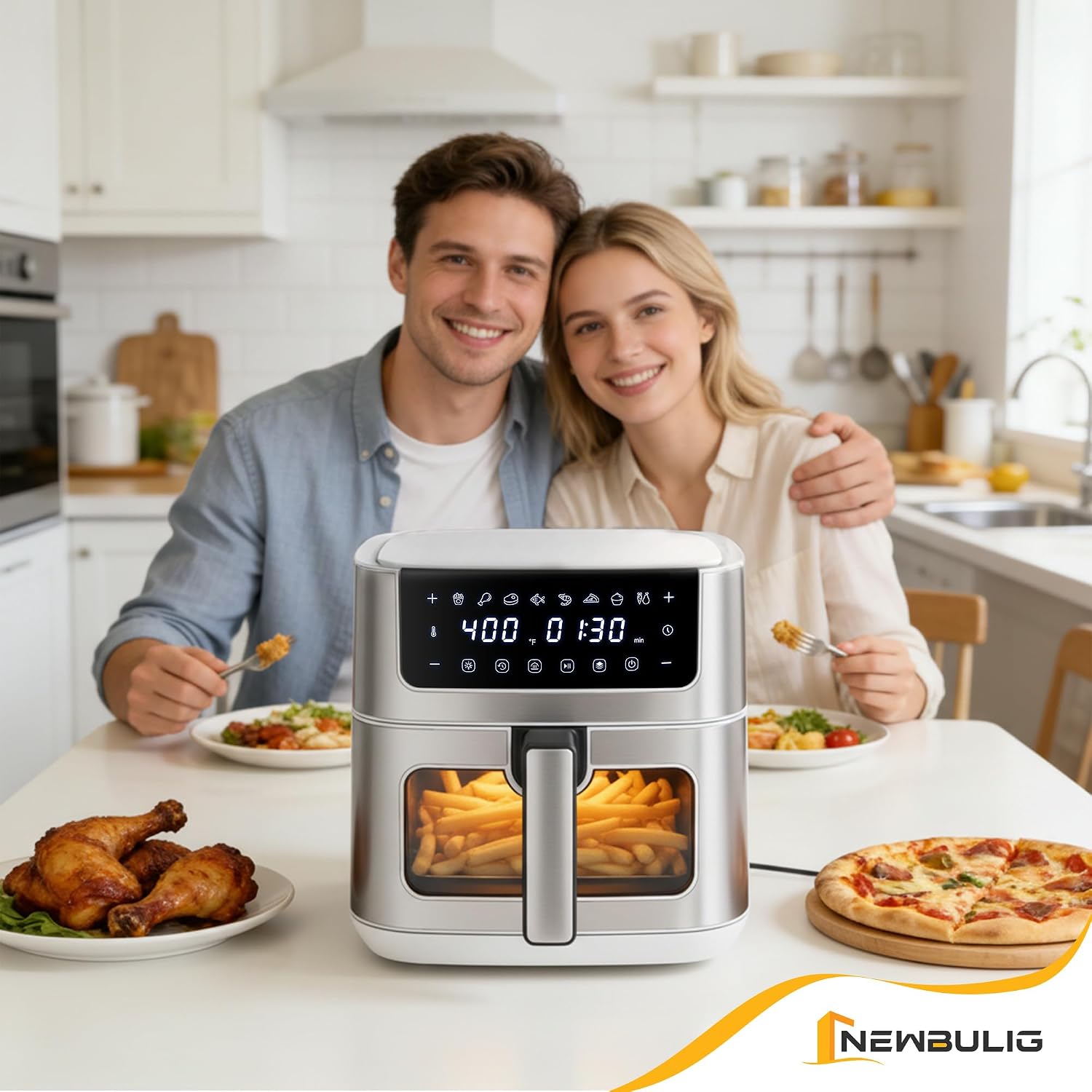 newbulig air fryer 6.34qt, airfryer with visible window, 400? fast heating air fryers oven with nonstick and dishwasher-safe basket, 8-in-1 cooking preset, timer?auto-off, stainless steel, white white 6.34qt