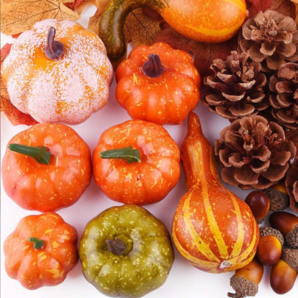 Winemana Set Di 6 Decorazioni Artificiali Autunnali - Zucca Con Bacche, Ghiande E Pigne, Colori Arancione E Beige, Per Centrotavola E Decorazione Casa