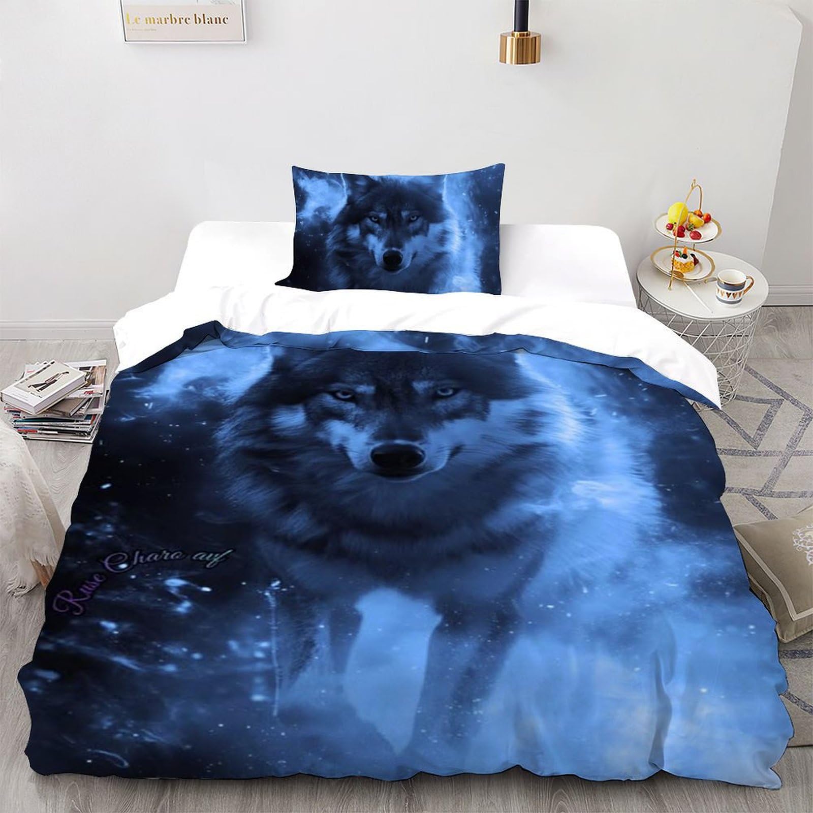 Housse de couette single Le Loup Blanc 135x200cm en microfibre imprimé 3D animaux pour garçon
