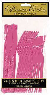 Premium Bright Pink Heavy Weight Assorted Plastic Cutlery Set - (24 Pc) - Elegant & Durable for Parties and Events
