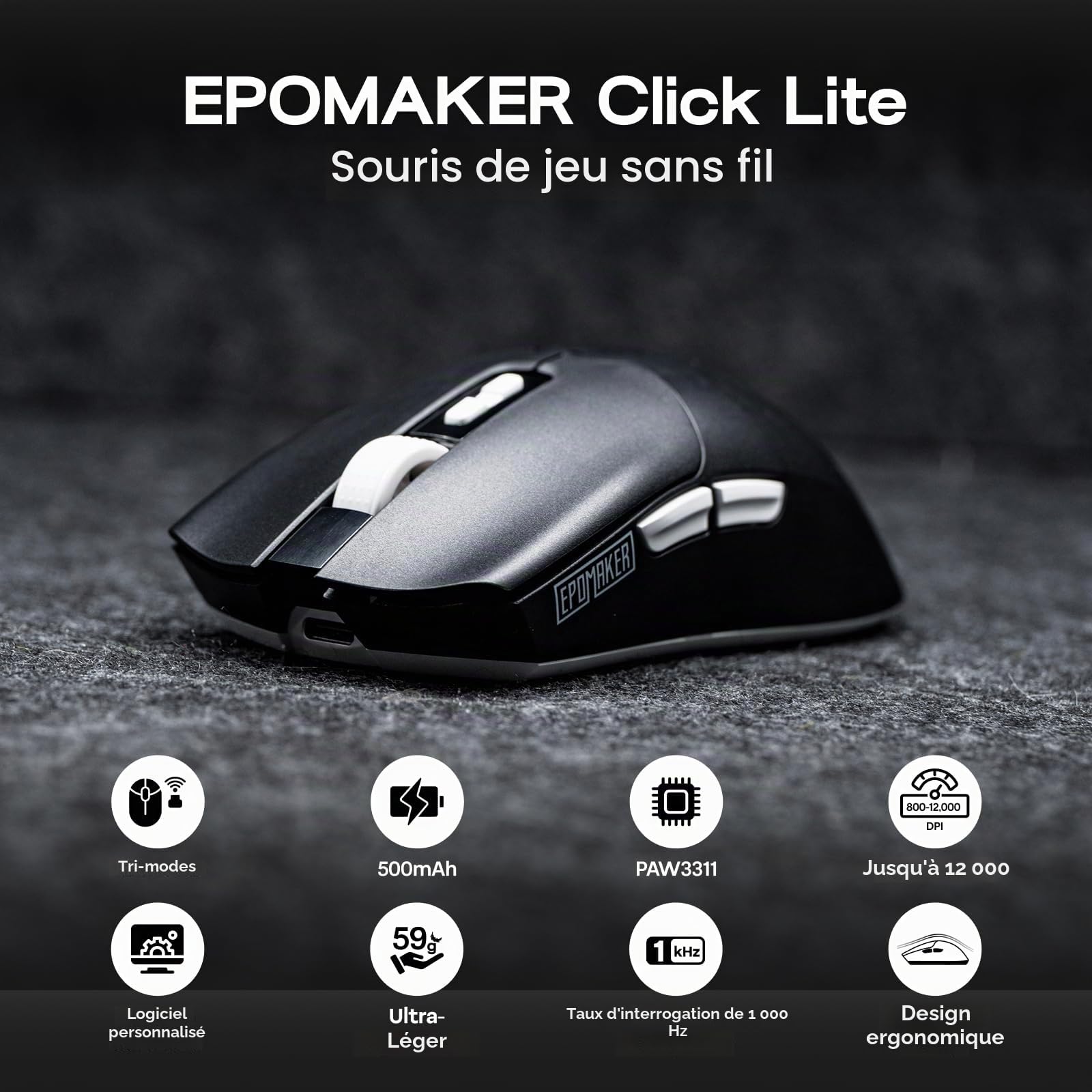EPOMAKER Click Lite Souris de Jeu sans Fil, DPI Réglable 800 à 12 000