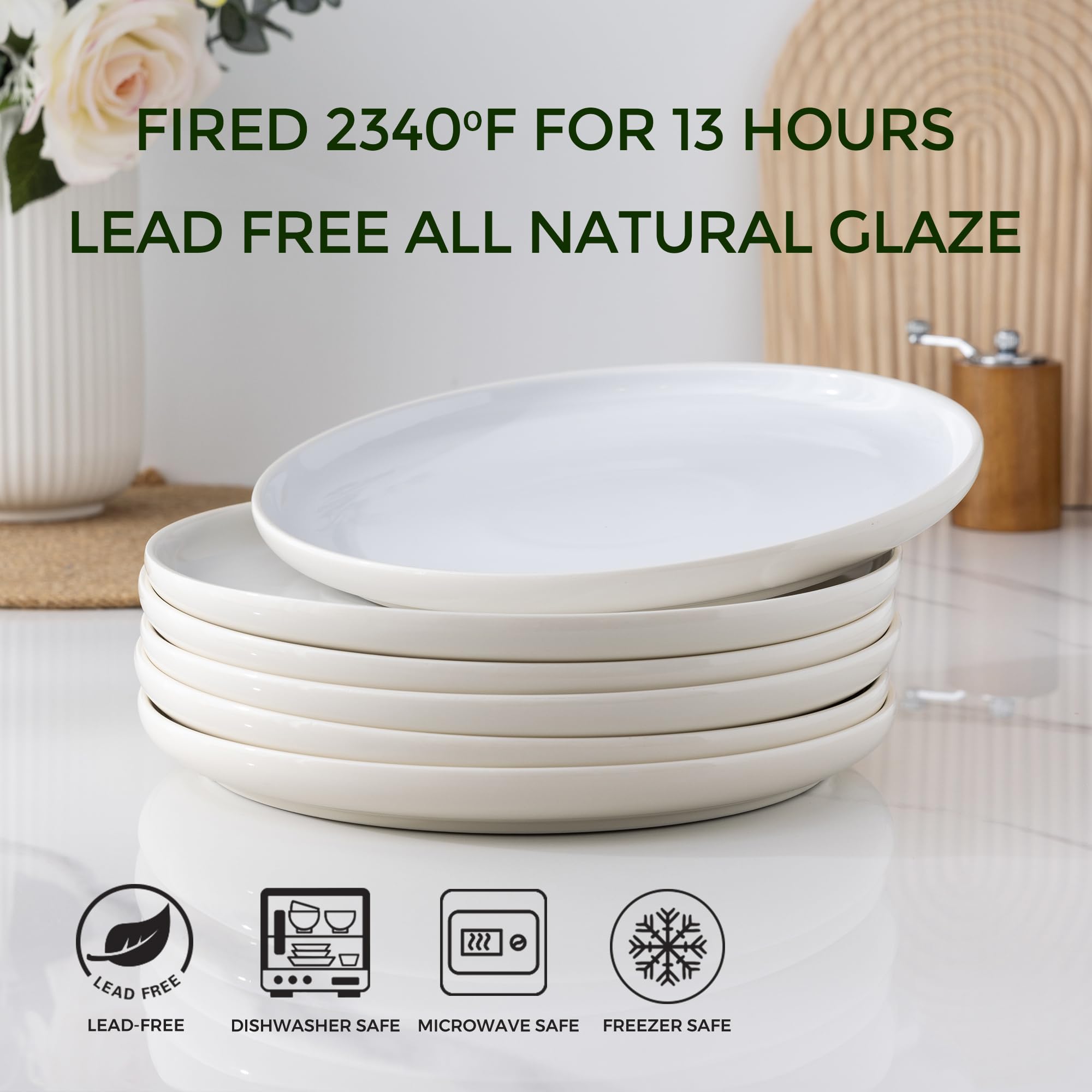GBHOME Juego de 6 platos de cerámica redondos de porcelana de 10.5 pulgadas para almuerzo, fiesta, boda, restaurante, resistente a los arañazos, apto para microondas y horno y lavavajillas, juego de 6