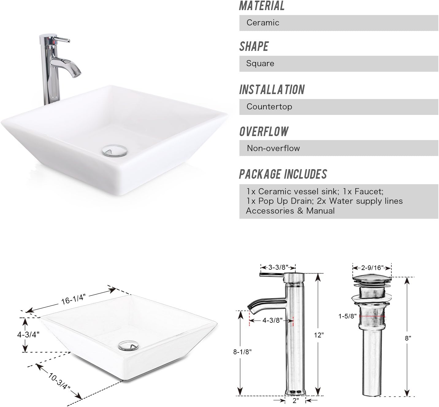 Lоwеѕt Prісе 60 Double Vanity(2 24 Vanity,2 Porcelain Vessel Sink Combo(Square),1 12 Side Cabinets),Double Bathroom Vanity Top with Porcelain White Sink,1.5 GPM Faucet/Drain Parts/Mirror Includes