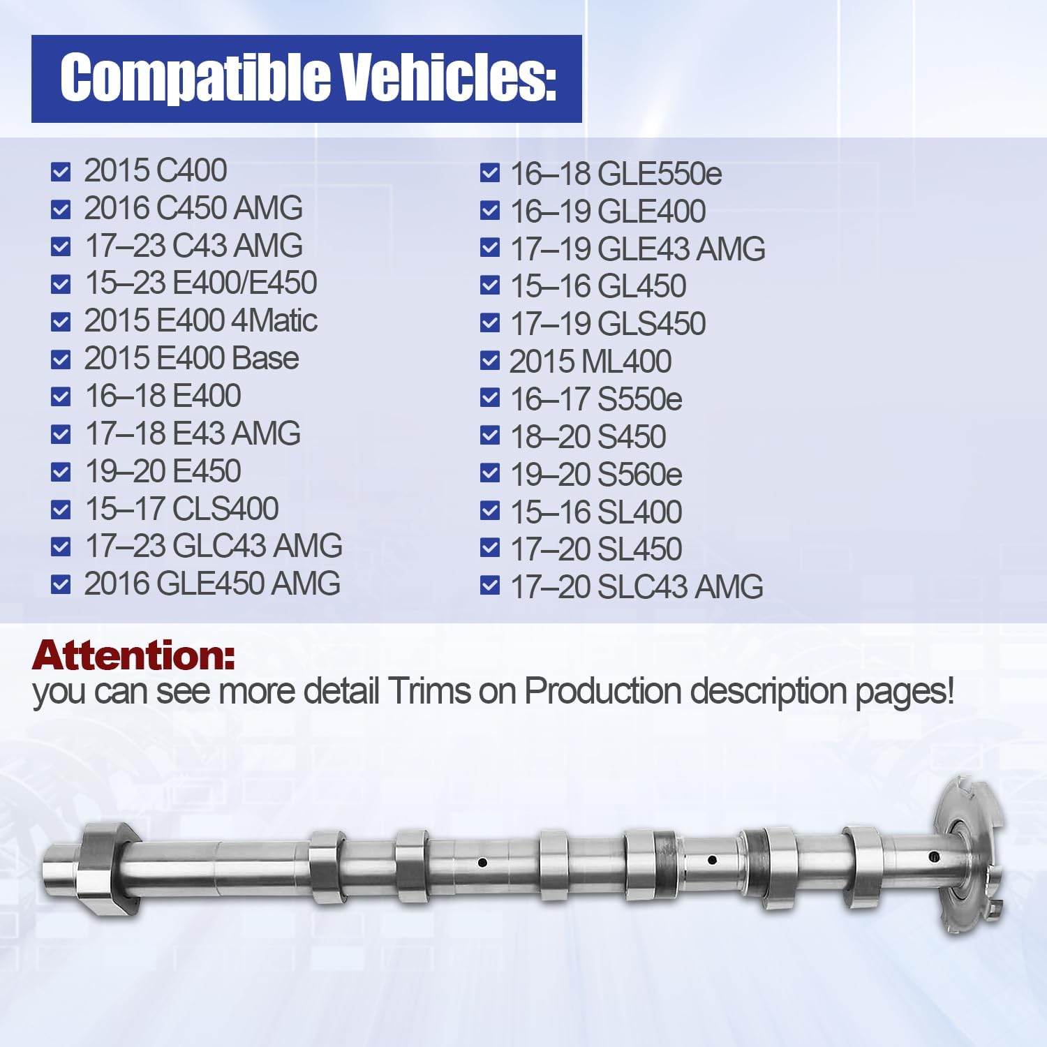 2760500800 Right Side Intake Camshaft Fits for Mercedes C400 C43 AMG E400 E43 GLS450 GLC43 GLE450 AMG 3.0 V6/2.0 L4, Replace A2760500800