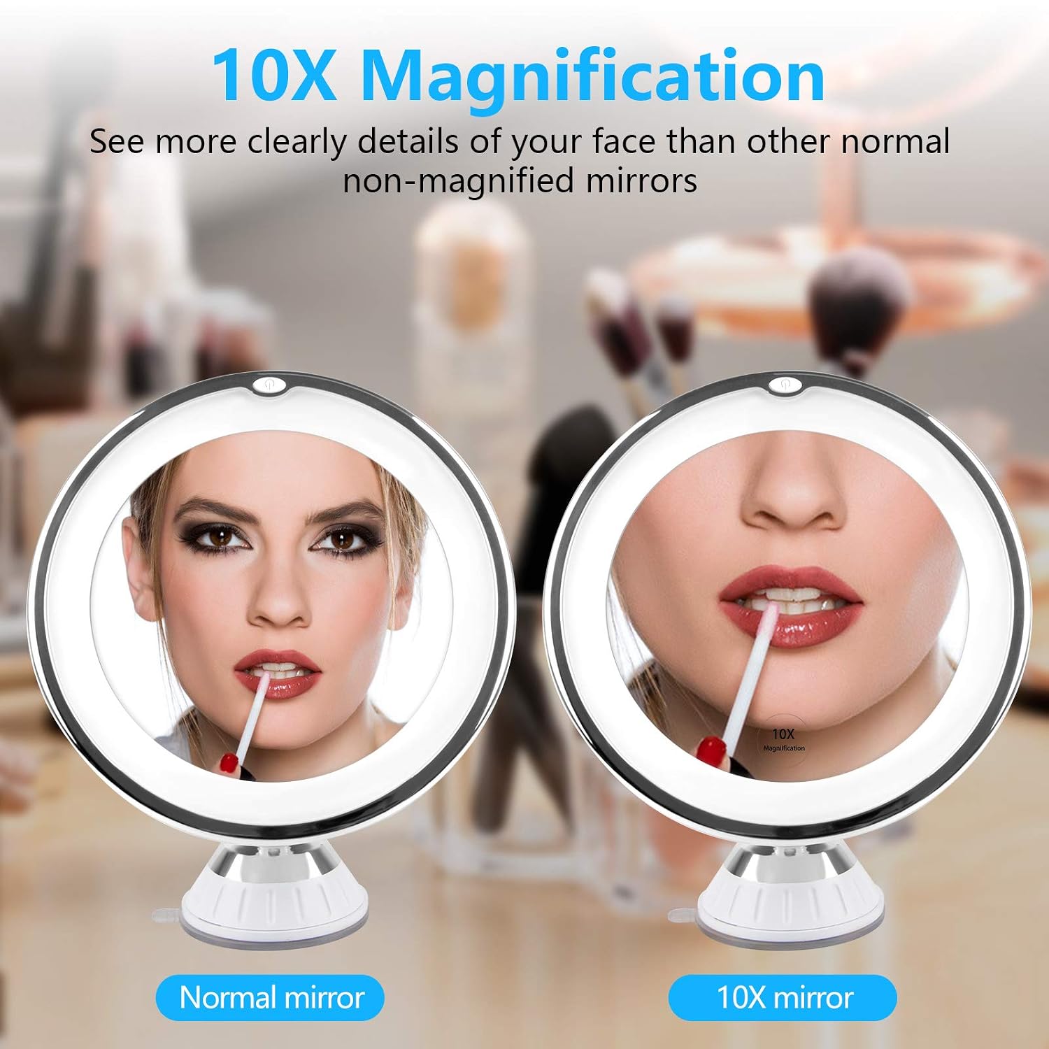 10X Magnifying Makeup Mirror - Vanity Mirror with LED Lights 360 Degree Rotation Powerful Suction Cup Portable Magnification Cosmetic Mirror Good for Bathroom, Travel