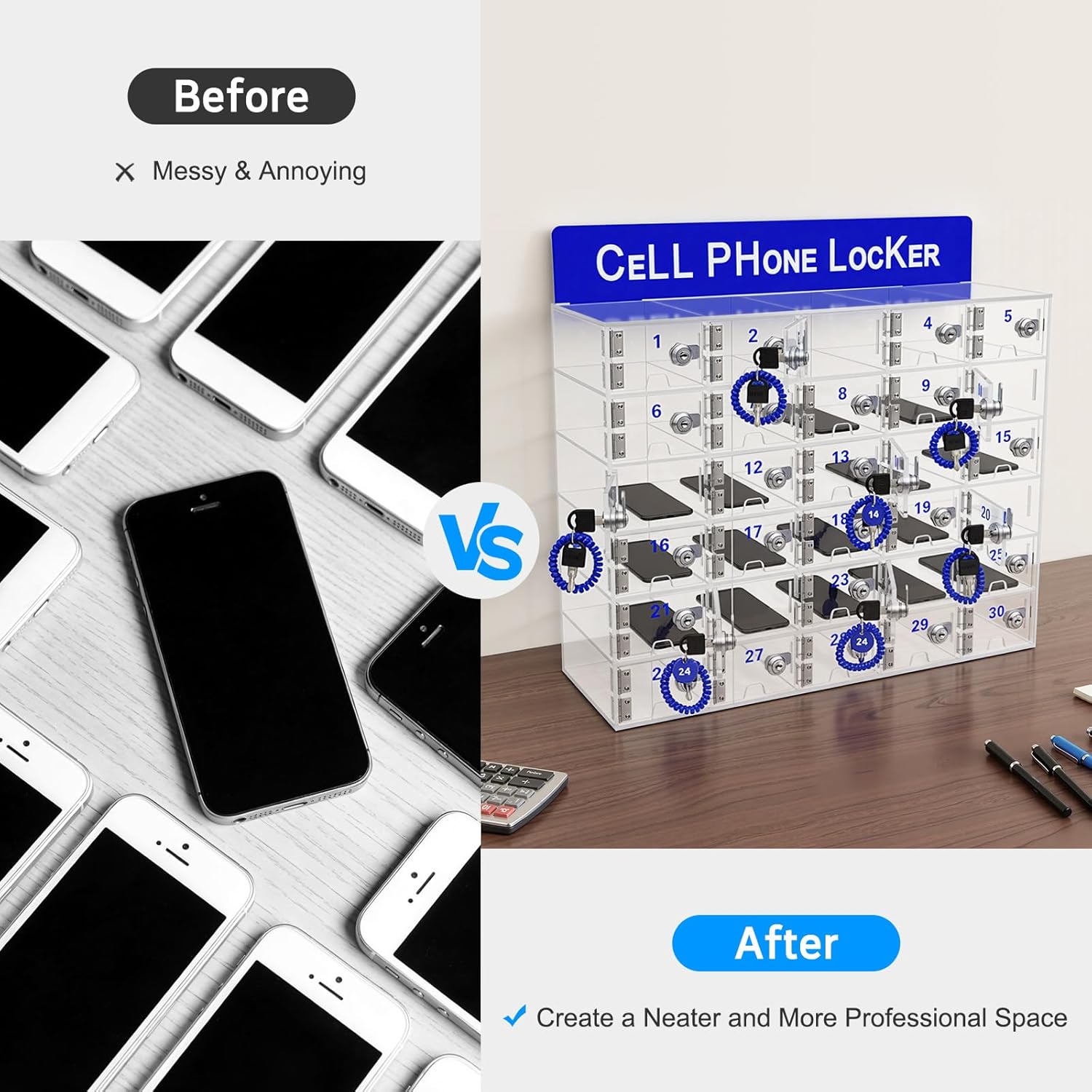 30 Slots Clear Acrylic Cell Phone Storage Locker with 30 Keys, Wall Mounted/Tabletop Locking Cabinet for Classroom, Office, School, 20.5x16.5x7in