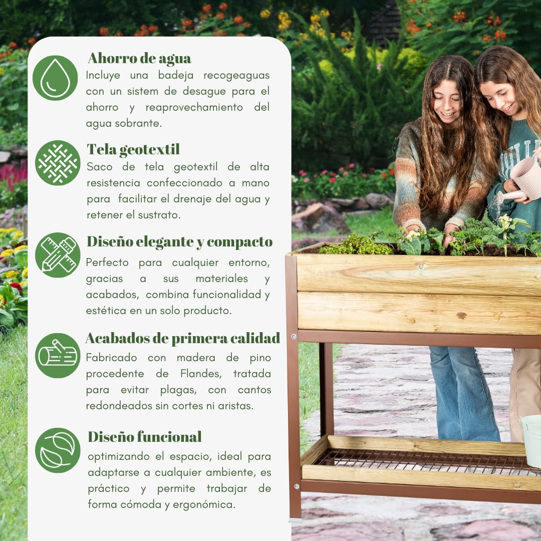 Jardinera Elevada Madera con Bandeja Recoge Aguas | Estructura Metálica | Mesa Cultivar Plantas Terraza Jardín Balcón Exterior | Verde | HUERTO Alto - 90x40x78 cm