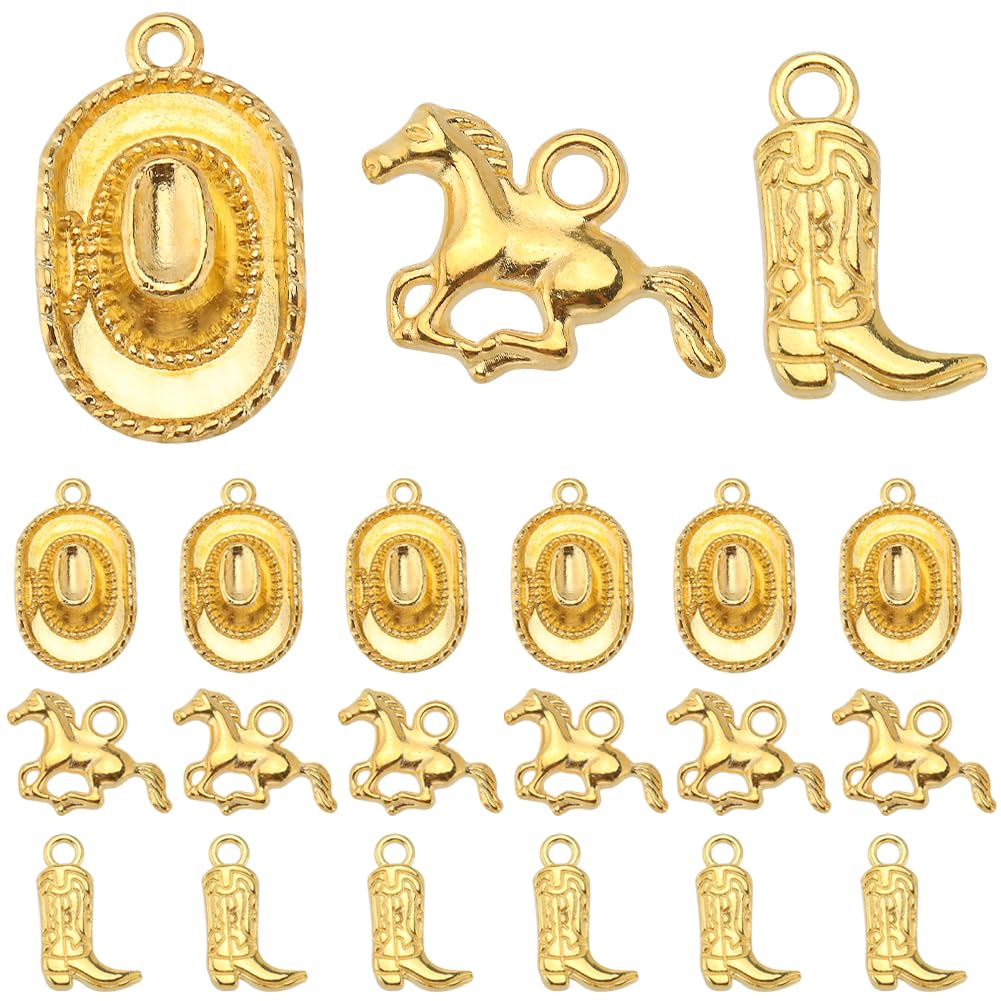 SUNNYCLUESUNNYCLUE 1 Box 90Pcs Western Cowboy Charms Tibetan Style 3D Miniature Cowboy Cowgirl Hat Charm Golden Horse Charm Double Sided Boot Shoe Charms for jewellery Making Charms DIY Keychain Craft Supplies