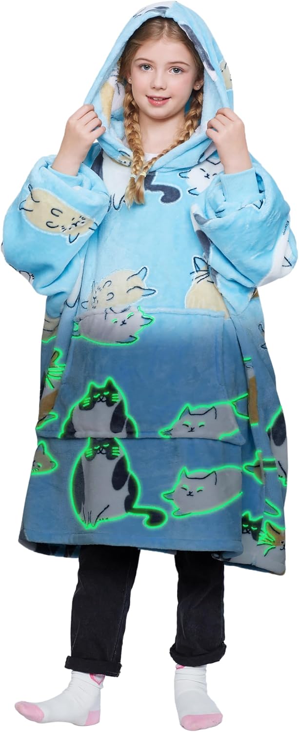 Catalonia Kids Cat Hoodie Blanket, Oversized Fleece Wearable Sweatshirt | Glow-in-the-Dark, Hooded Pullover for Boys & Girls, Cozy for Gaming, Reading, TV Time & Relaxing, Christmas Gift for Teens