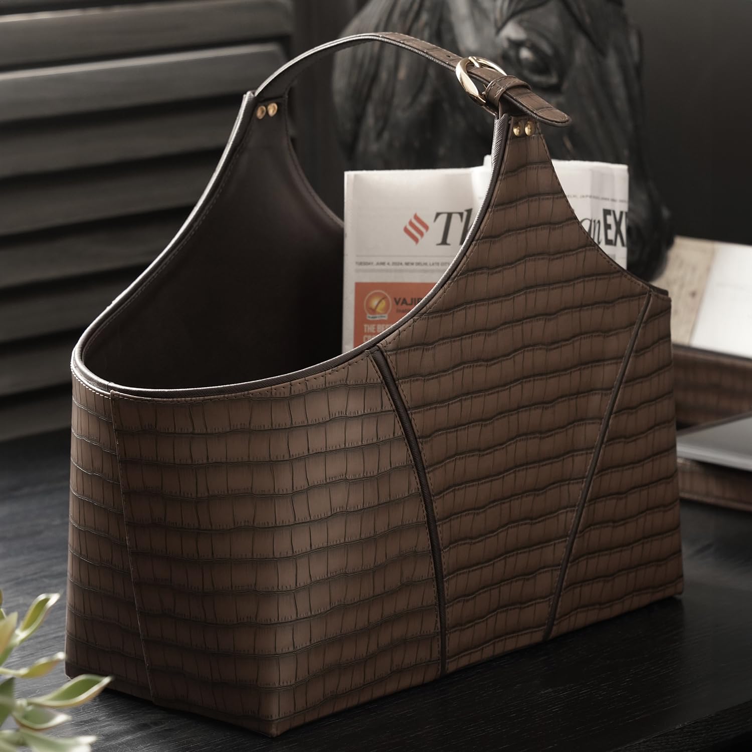 Pure Home + Living Brown Croco Texture Faux Leather Magazine Basket-image-37