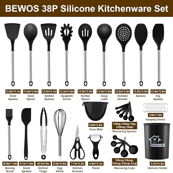 The BEWOS 38-piece kitchen utensil set offers a comprehensive collection of silicone and stainless steel tools.