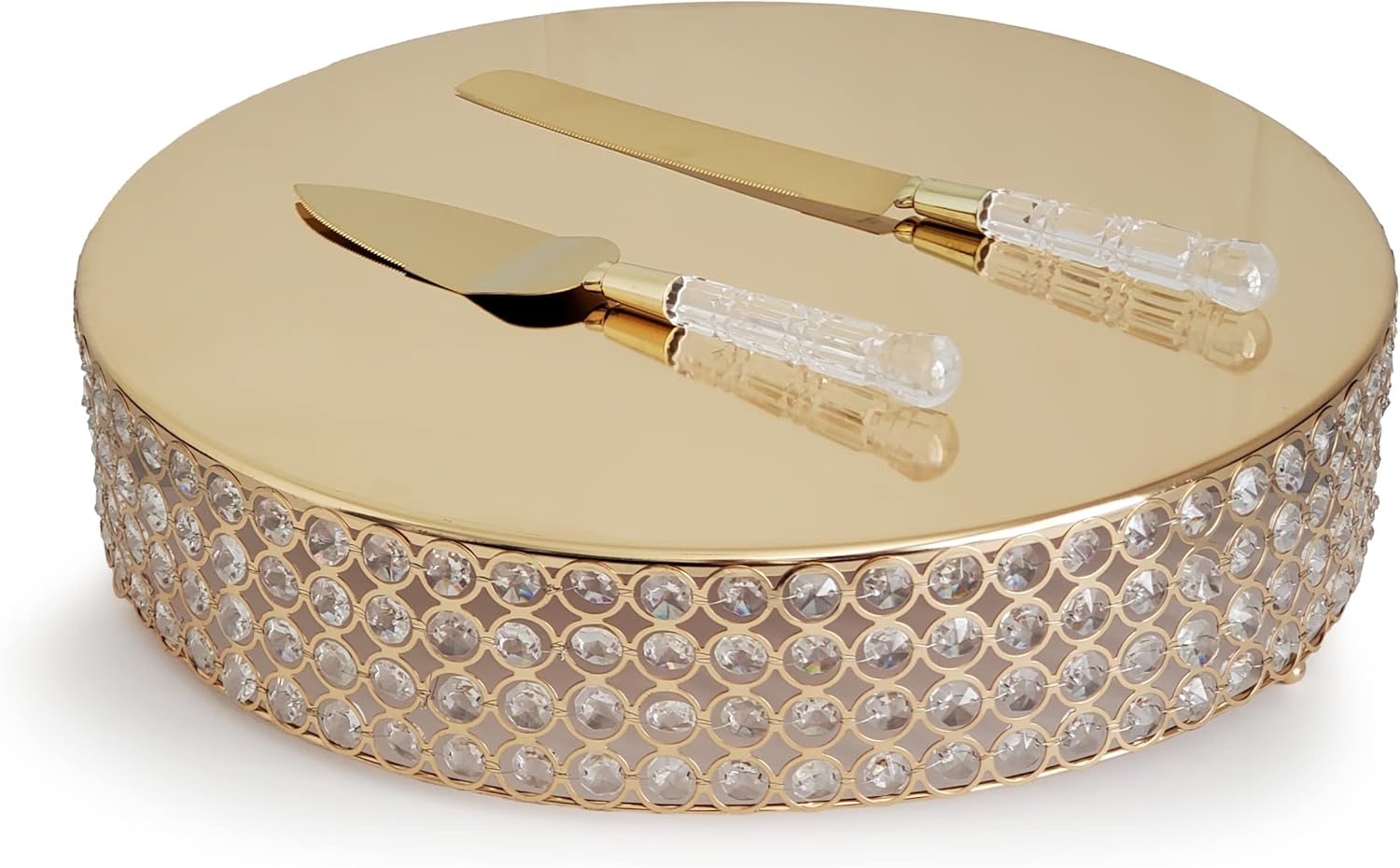 18” Round Crystal Beaded Cake Stand with Cake Knife and Server Set - Silver